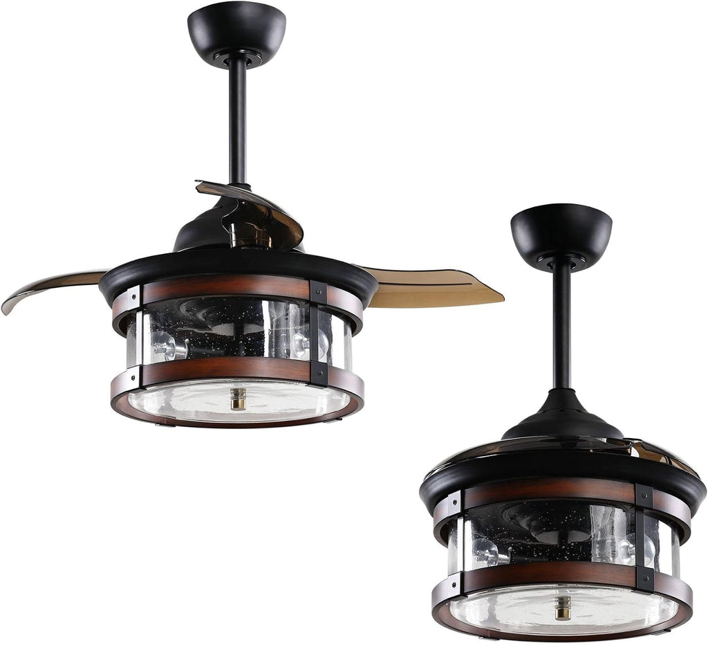 Parrot Uncle Ceiling Fans with Lights and Remote Farmhouse Bedroom Ceiling Fan with Light and Retractable Blades, Black, 36 Inch