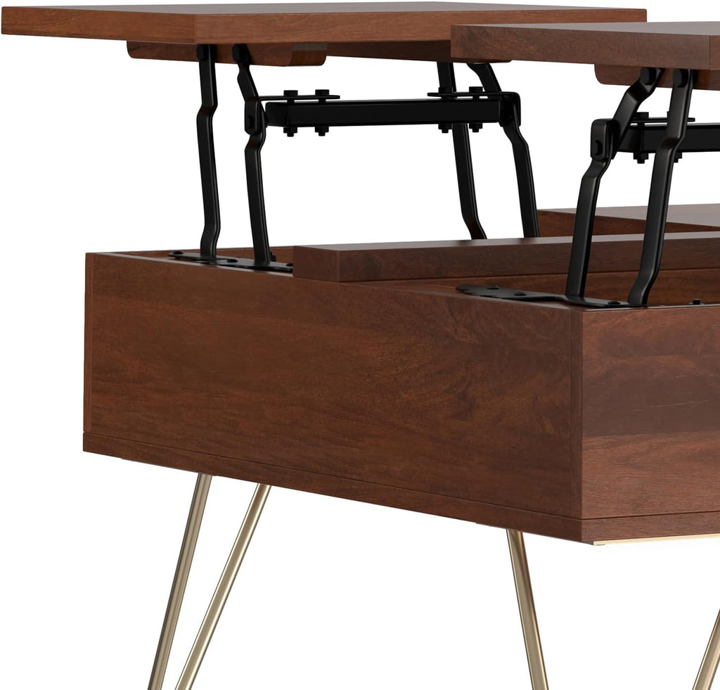 SIMPLIHOME Hunter Lift Top Coffee Table - 32 inch Wide Solid Mango Wood Industrial Square Cocktail Table in Umber Brown, Living Room Table with Dual Lift Tops, Hidden Storage and Gold Hairpin Legs