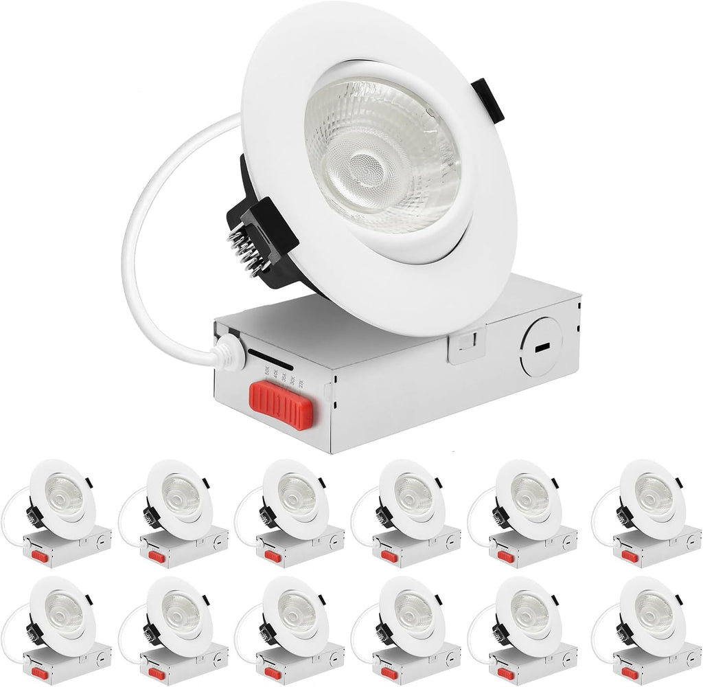 LUXRITE 4-Inch Gimbal LED Recessed Lighting, 5 Color Selectable 2700K-5000K, 15 Watts, 1250 Lumens, Adjustable 360º + 30º Swivel Spotlight, Dimmable, CRI90, IC & Wet Rated, ETL, White (12 Pack)
