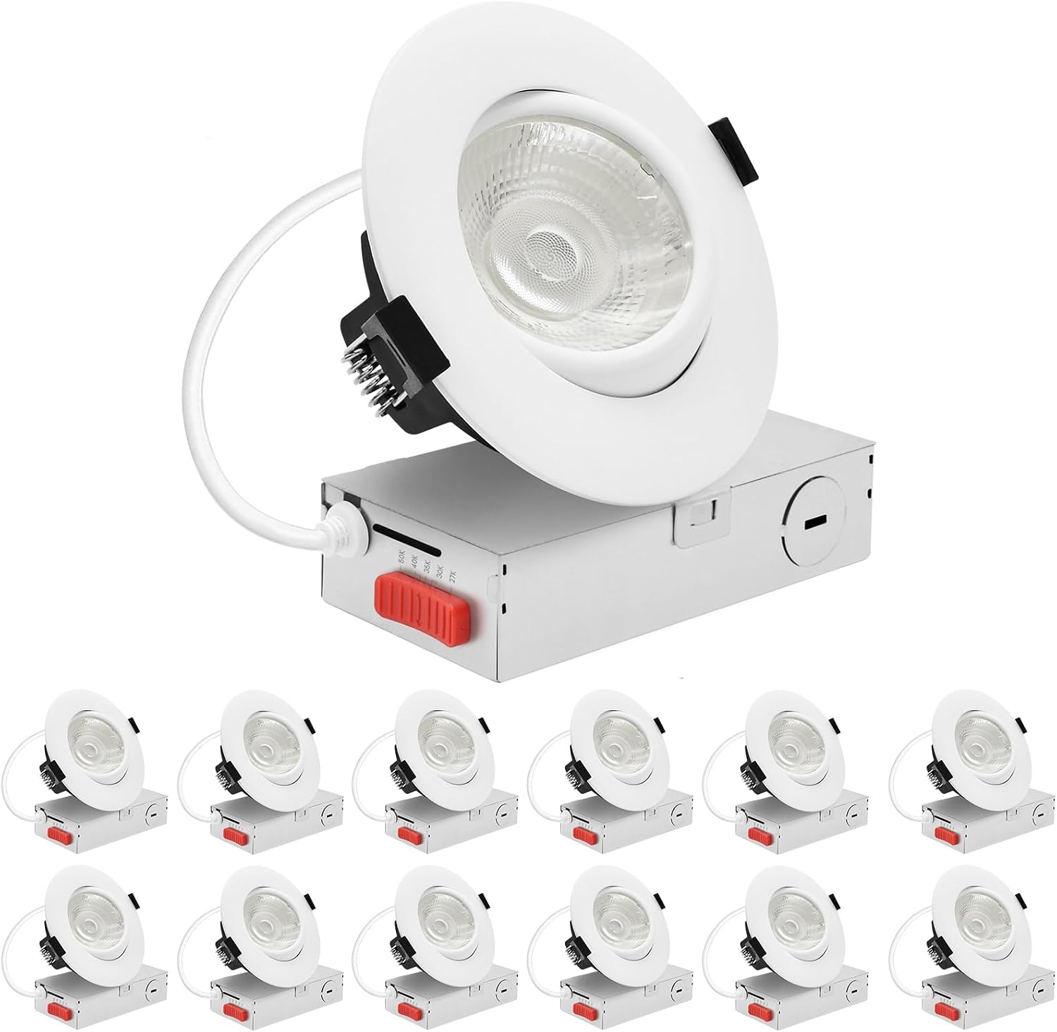 LUXRITE 4-Inch Gimbal LED Recessed Lighting, 5 Color Selectable 2700K-5000K, 15 Watts, 1250 Lumens, Adjustable 360º + 30º Swivel Spotlight, Dimmable, CRI90, IC & Wet Rated, ETL, White (12 Pack)