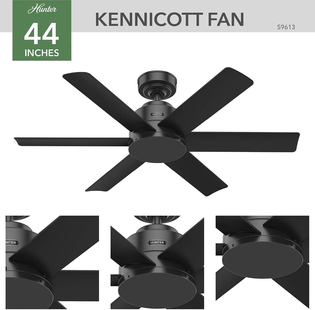 Hunter 44 inch Outdoor or Indoor Ceiling Fan No Light - Black Ceiling Fan without Light, For Patio, Porch, Garage, or Living Room, Standard Mount, 6 Blades, Wall Control - Kennicott 59613, Matte Black