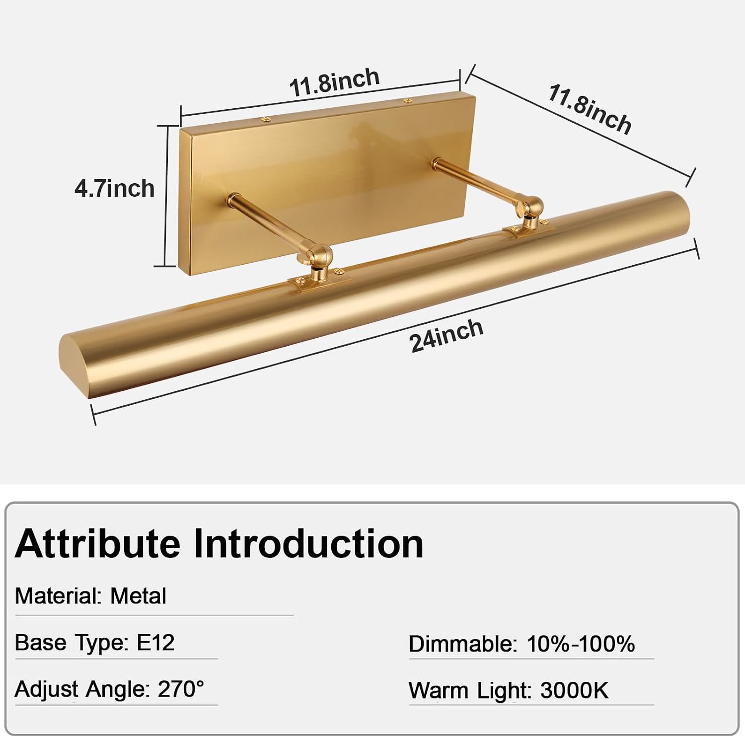 ADISUN Picture Lights for Wall Hardwired, 24 Inch Gold Wall Lights for Pictures,3-Light 2700k,Non-Dimmable, 270° Adjustable Swing Arm, Hardwired Wall Light for Artwork Poster Portrait Library Display