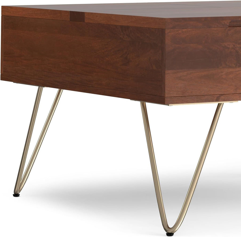 SIMPLIHOME Hunter Lift Top Coffee Table - 32 inch Wide Solid Mango Wood Industrial Square Cocktail Table in Umber Brown, Living Room Table with Dual Lift Tops, Hidden Storage and Gold Hairpin Legs