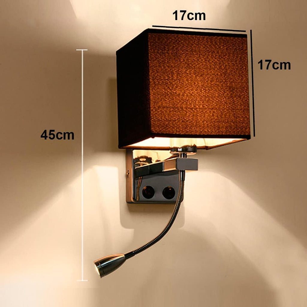 Wall Lamps with LED Reading Light, Bedside Sconce with Switch, Lamp Fabric Lampshade with 2 Points, Adjustable Indoor Spotlights, Brown