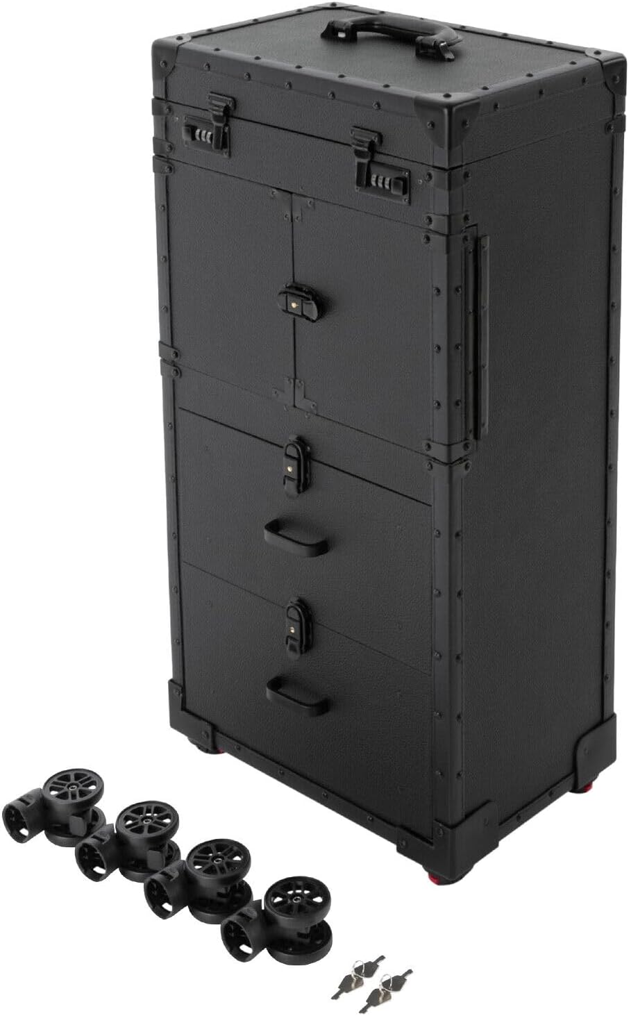 Rolling Makeup Case, Cosmetic Organizer Trolley Train Case with Keys, Large Storage Swivel Wheels Salon Barber Traveling Trunk for Make Up Hairstylists Nail Tech (Black with 4Keys)
