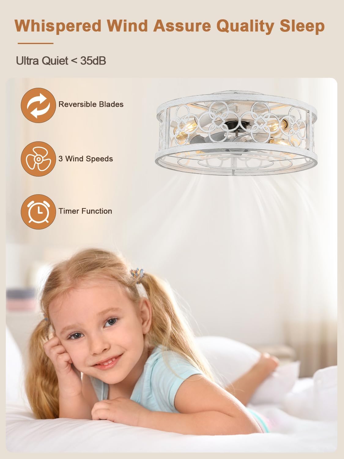 20' Caged Ceiling Fan with Light, Fandelier Ceiling Fan with Light, Low Profile Flush Mount for Bedroom, Living Room