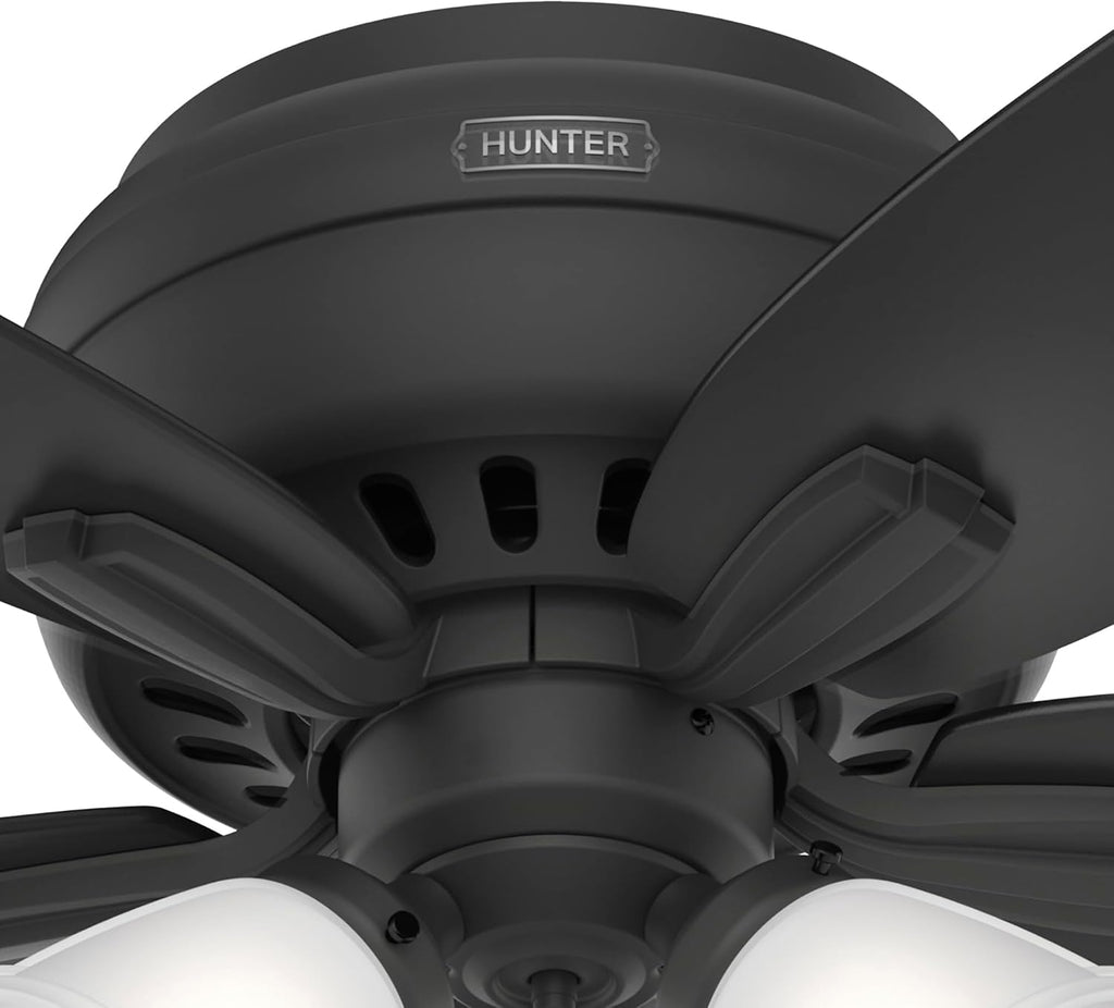 Hunter 42 inch Indoor Ceiling Fan with LED Lights - Black Ceiling Fan with Pull Chain, For Bedroom or Living Room, Low Profile Flush Mount, No Remote, 5 Blades - Newsome 52393, Matte Black