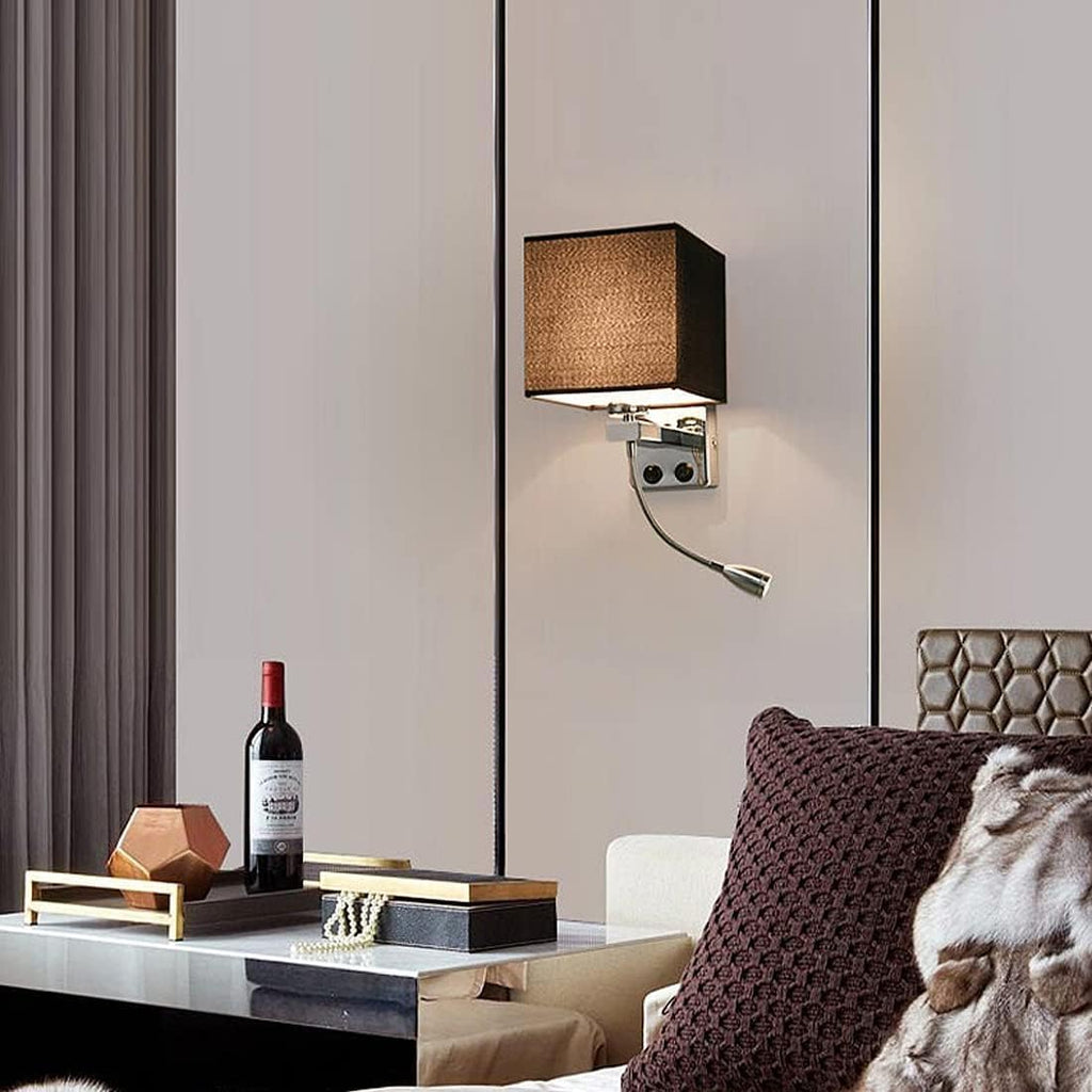 Wall Lamps with LED Reading Light, Bedside Sconce with Switch, Lamp Fabric Lampshade with 2 Points, Adjustable Indoor Spotlights, Brown