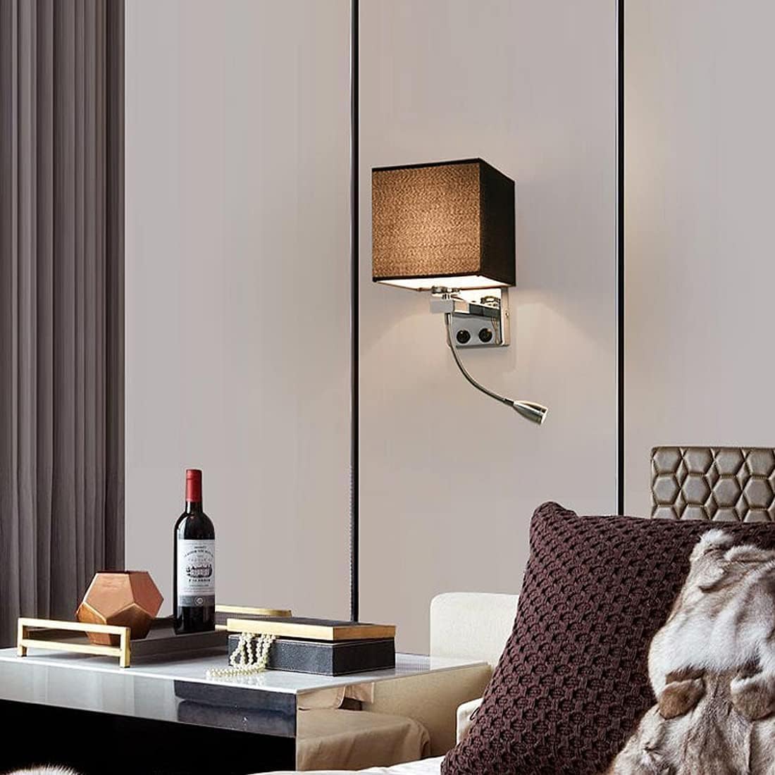 Wall Lamps with LED Reading Light, Bedside Sconce with Switch, Lamp Fabric Lampshade with 2 Points, Adjustable Indoor Spotlights, Brown