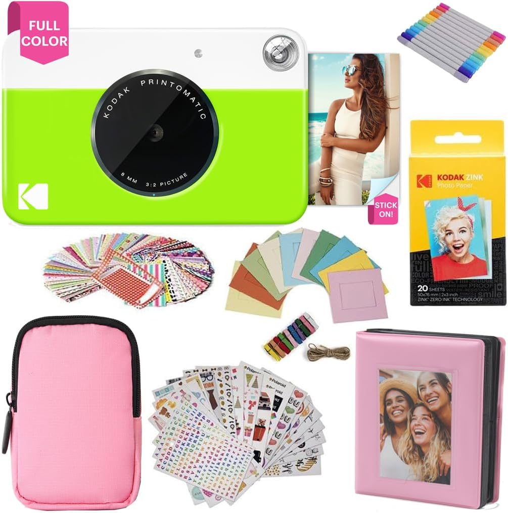 Kodak Printomatic Full-Color Instant Print Camera Gift Bundle + Soft Case + Zink 2x3 Sticky Back Photo Paper 20pk + Album + Sticker Sets + Sticker Frames + Hanging Frames + Markers, Fun Gift - Green