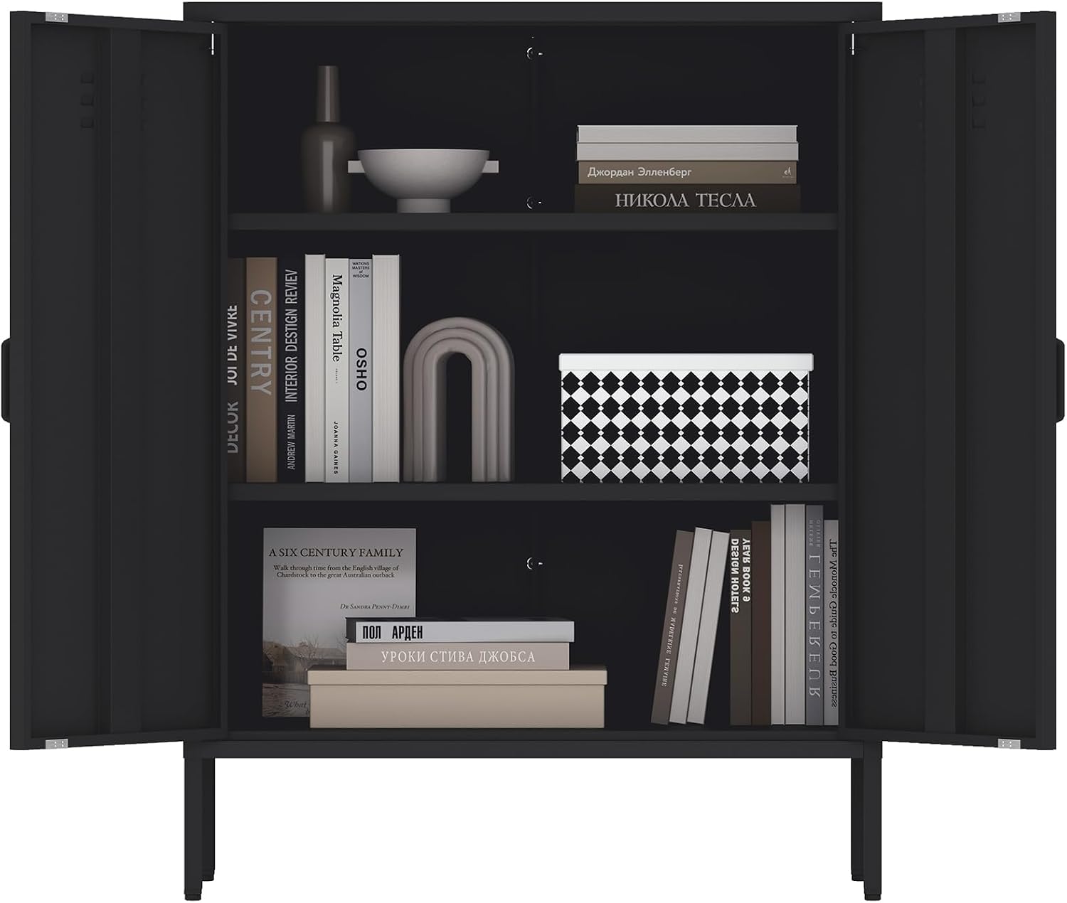 Manhattan Comfort Naomi Modern Metal Accent Cabinet, Minimalist Storage Cabinet with Doors & Adjustable Shelves, Vented Doors, Sturdy Steel Build, Versatile & Multi-Purpose Home Furniture, Black