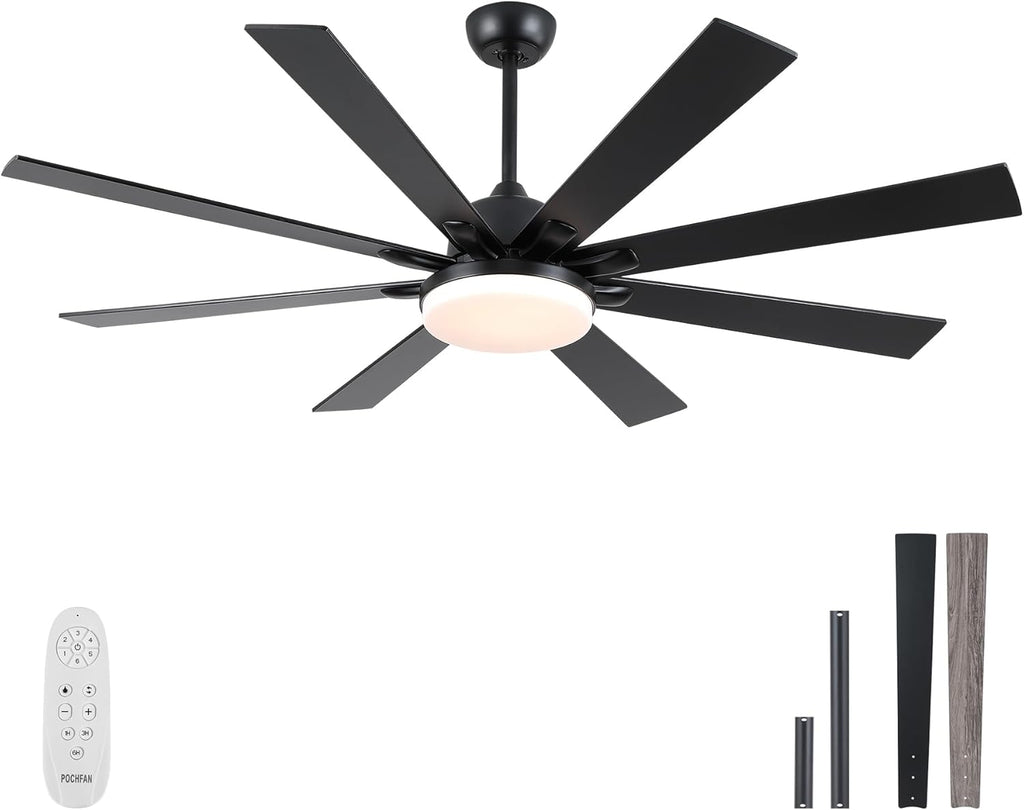 POCHFAN 62 Inch Ceiling Fans with Lights,Large Modern Ceiling fan with Remote and 8 Wooden Blades,Dimmable,6 Speeds,Noiseless Reversible Indoor&Outdoor Fan for Bedroom,Patio,Living Room