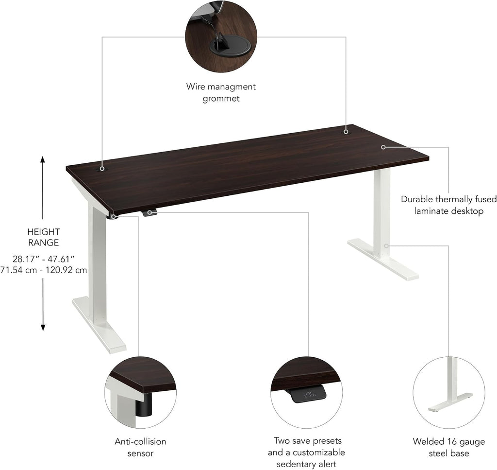 Bush Business Furniture 72-inch Electric Height Adjustable Standing Desk, Ergonomic Sit-Stand Computer Table for Home and Professional Office, Move 40 Series, Black Walnut with White Base