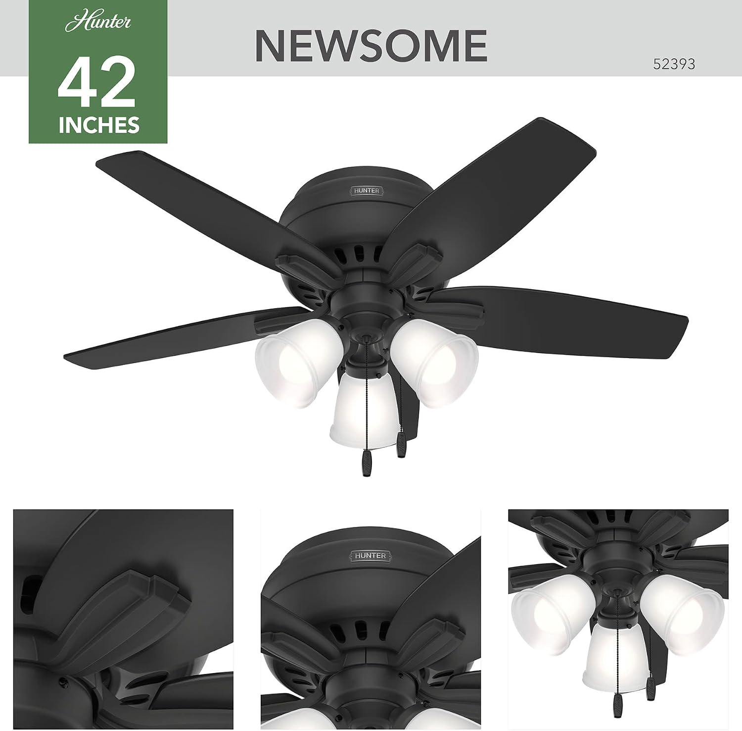 Hunter 42 inch Indoor Ceiling Fan with LED Lights - Black Ceiling Fan with Pull Chain, For Bedroom or Living Room, Low Profile Flush Mount, No Remote, 5 Blades - Newsome 52393, Matte Black