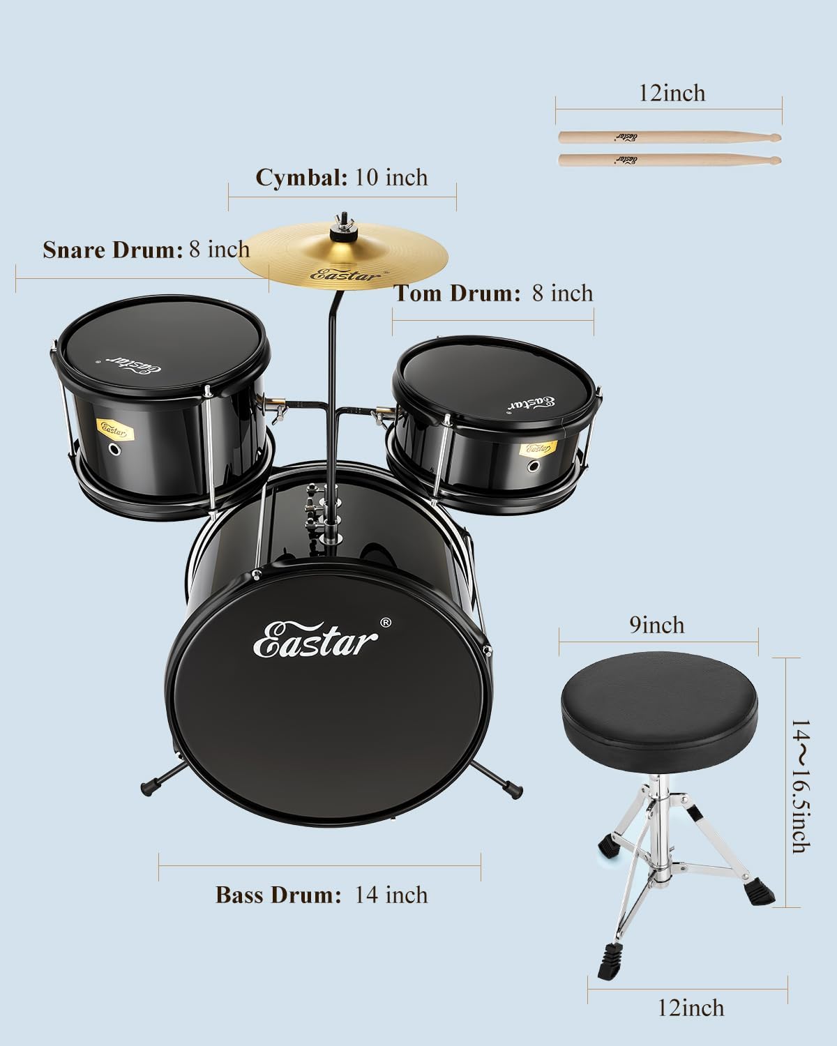 Eastar Drum Set 14'' for Kids Beginners,3 Piece with Bass Tom Snare Drum,Adjustable Throne, Cymbal, Pedal & Two Pairs of Drumsticks, Metallic All Black