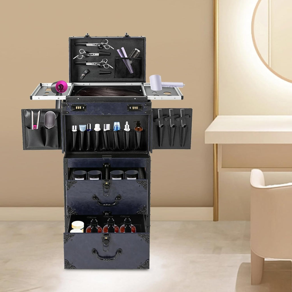 Makeup Case Trolley, Rolling Makeup Case with 4 Universal Wheels Large Professional Cosmetology Case with Sliding Drawer & Keys Multi-functional Cosmetic Train Case Trolley Storage Case Blue