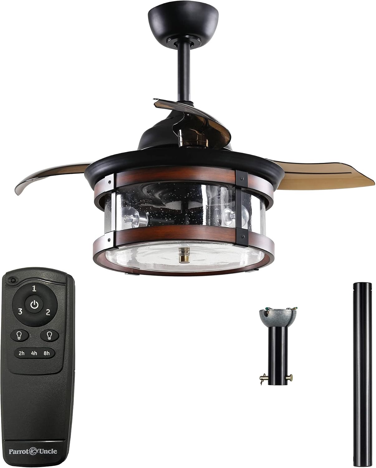 Parrot Uncle Ceiling Fans with Lights and Remote Farmhouse Bedroom Ceiling Fan with Light and Retractable Blades, Black, 36 Inch