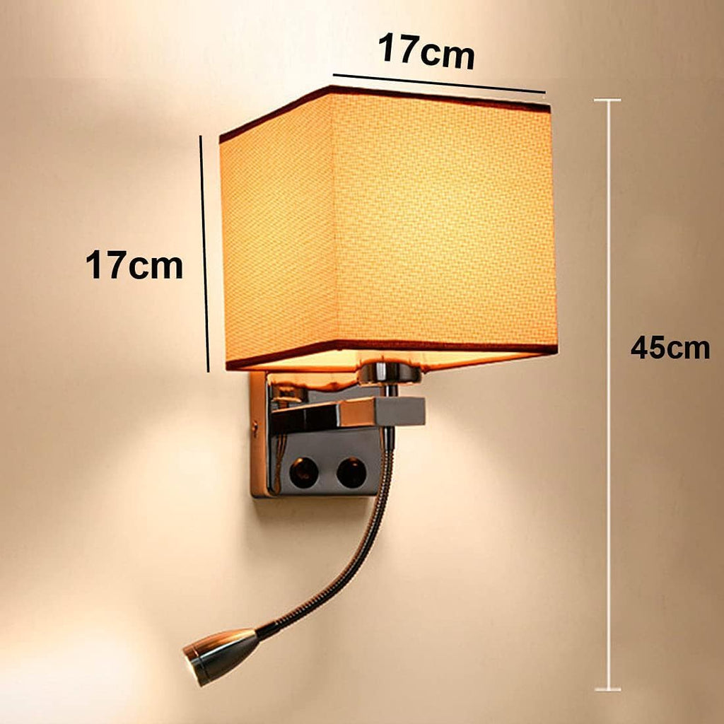 Wall Lamps with LED Reading Light, Bedside Sconce with Switch, Lamp Fabric Lampshade with 2 Points, Adjustable Indoor Spotlights, Brown
