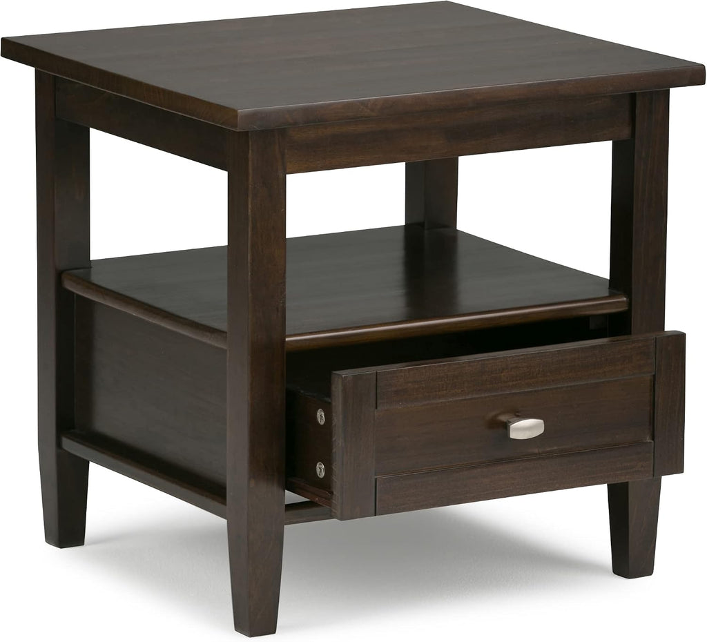SIMPLIHOME Warm Shaker End Table - 20' Wide x 20' High Solid Wood Side Table in Tobacco Brown, Transitional Accent Table for Living Room or Bedroom with Drawer, Open Shelf and Square Tapered Legs