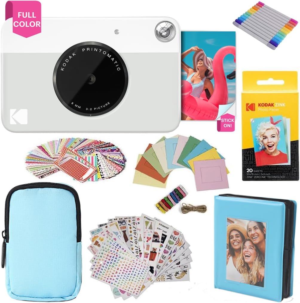 KODAK Printomatic Full-Color Instant Print Camera Gift Bundle + Soft Case + Zink 2x3 Sticky Back Photo Paper 20pk + Album + Sticker Sets + Sticker Frames + Markers + Hanging Frames, Fun Gift - Grey