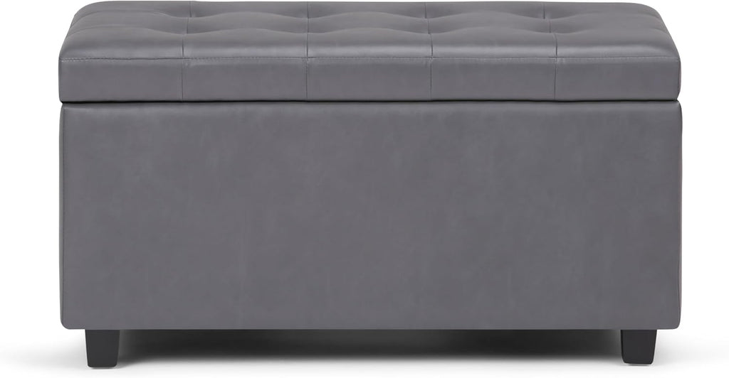 SIMPLIHOME Cosmopolitan Storage Ottoman - 34 inch Wide Upholstered Vegan Leather Rectangle Storage Ottoman Bench in Stone Grey, Transitional Tufted Ottoman for Living Room or Entryway with Lift-Up Lid