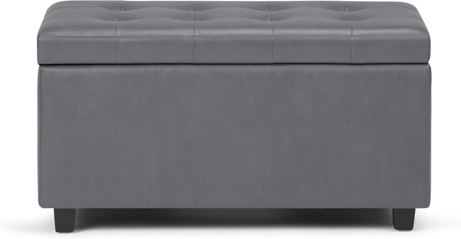 SIMPLIHOME Cosmopolitan Storage Ottoman - 34 inch Wide Upholstered Vegan Leather Rectangle Storage Ottoman Bench in Stone Grey, Transitional Tufted Ottoman for Living Room or Entryway with Lift-Up Lid