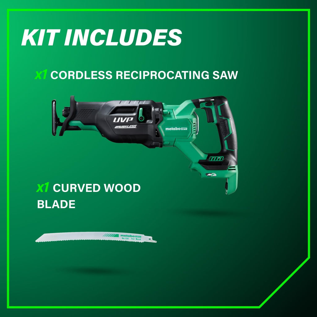 Metabo HPT 36V MultiVolt Cordless Reciprocating Saw, 4-Stage Speed Selector, 1,700 SPM to 3,000 SPM, Orbital Action, Low Vibration, Hybrid Power Option, Metal Rafter Hook, Tool Body Only, CR36DAQ4