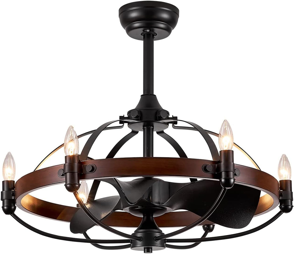 27-Inch Brown Walnut Farmhouse Style Chandelier Ceiling Fan with Light and Remote Control, Bladeless Motor for Bedroom, Kitchen, Living Room, Dining Room