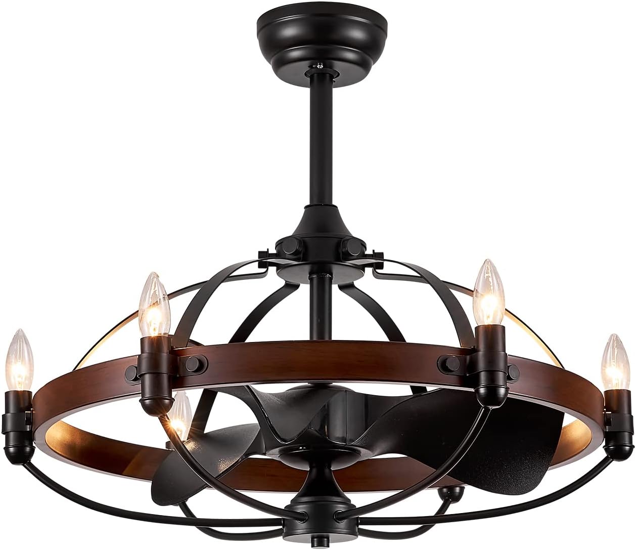 27-Inch Brown Walnut Farmhouse Style Chandelier Ceiling Fan with Light and Remote Control, Bladeless Motor for Bedroom, Kitchen, Living Room, Dining Room