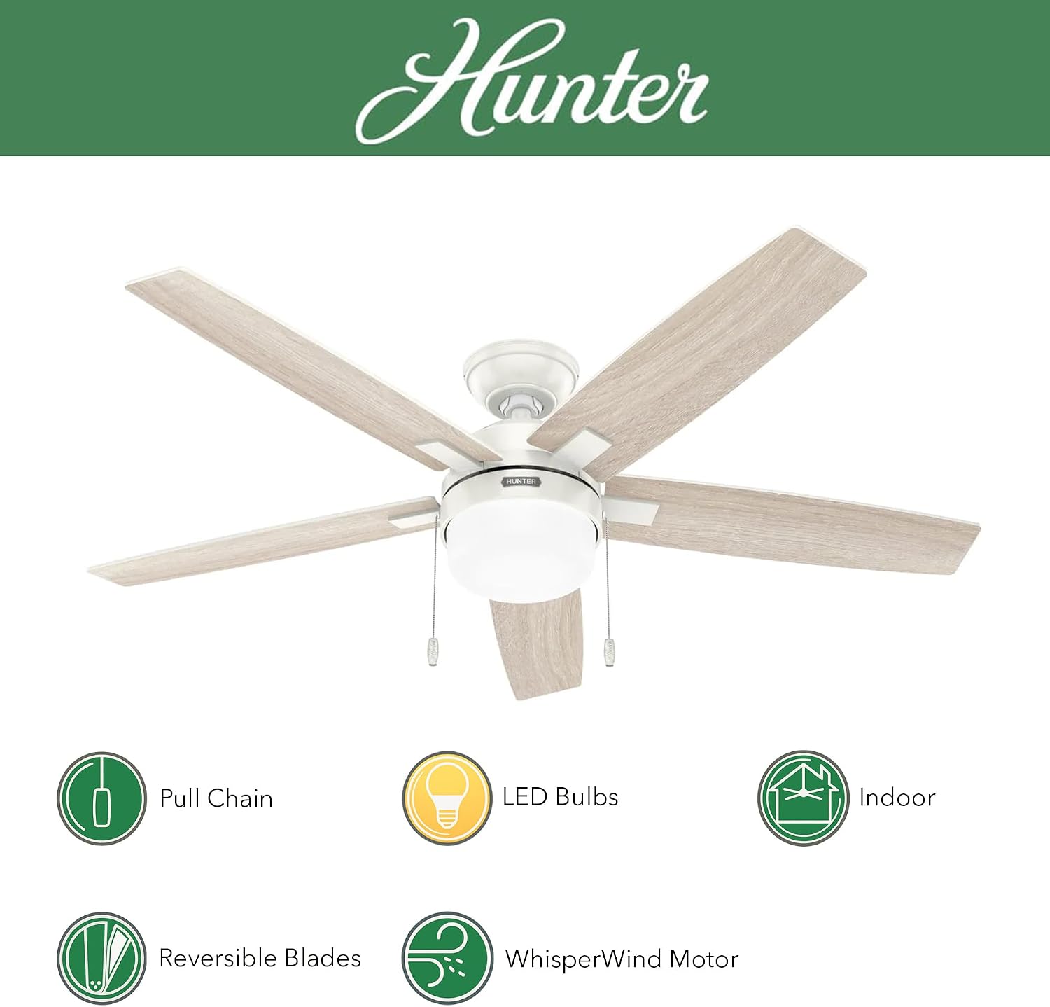 Hunter Fan 52 Inch Fresh White Indoor Ceiling fan with LED Light and Pull Chain for Bedroom, Living Room, Office, Basement, Kitchen, Dining Room (Renewed), CC5C27C73