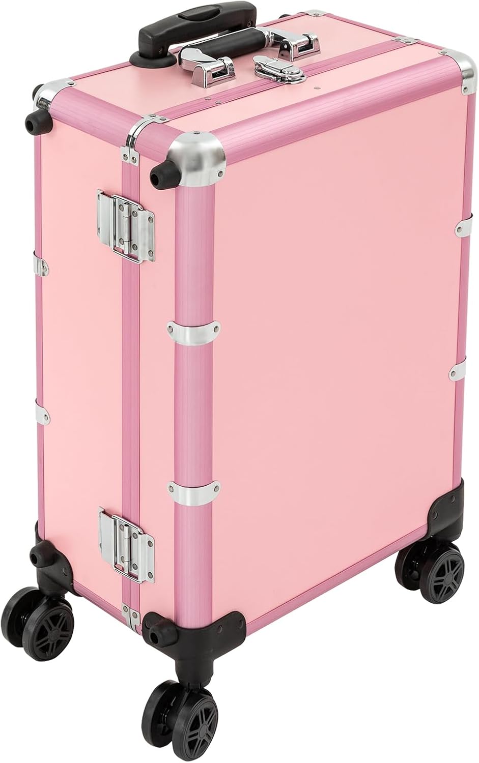 20' Aluminum Trolley Makeup Train Case with Mirror &LED Lights, Professional Cosmetic Organizer Makeup Suitcase with Wheels, Portable Makeup Vanity Rolling Vanity Makeup Station for Travel (Pink)