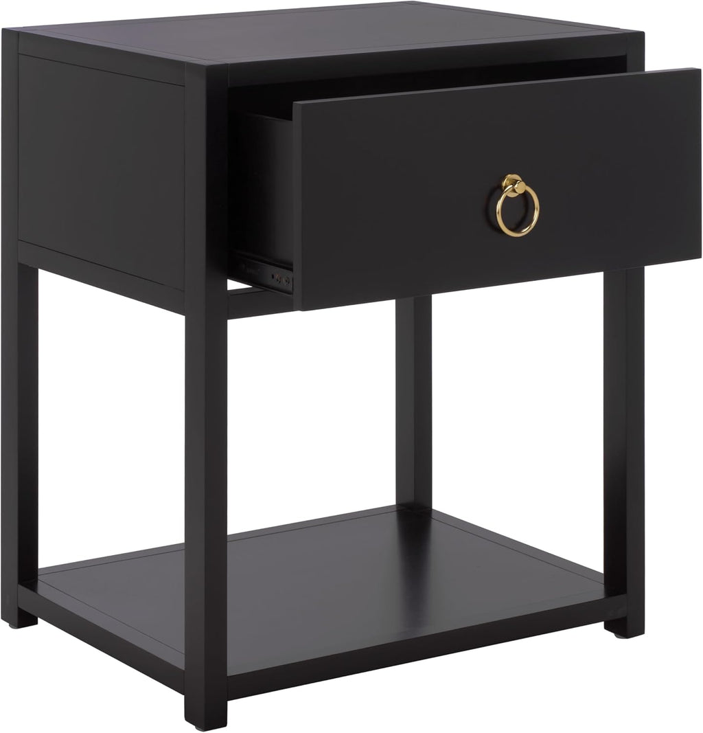 SAFAVIEH Furniture - Sadie 1-Drawer Nightstand - Black - Wood - Glam Gold Hardware Design - Ideal for Bedroom, 21' W x 17.2' D x 26' H - Fully Assembled (NST9201E)