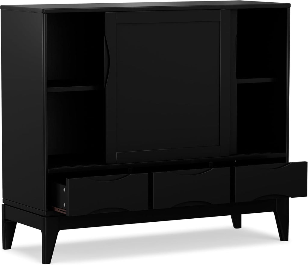 SIMPLIHOME Harper Medium Storage Cabinet - 48 inch Wide Solid Hardwood Sliding Door Cabinet in Black, Mid-Century Modern Cupboard for Living Room or Entryway with 3 Drawers and Tapered Legs