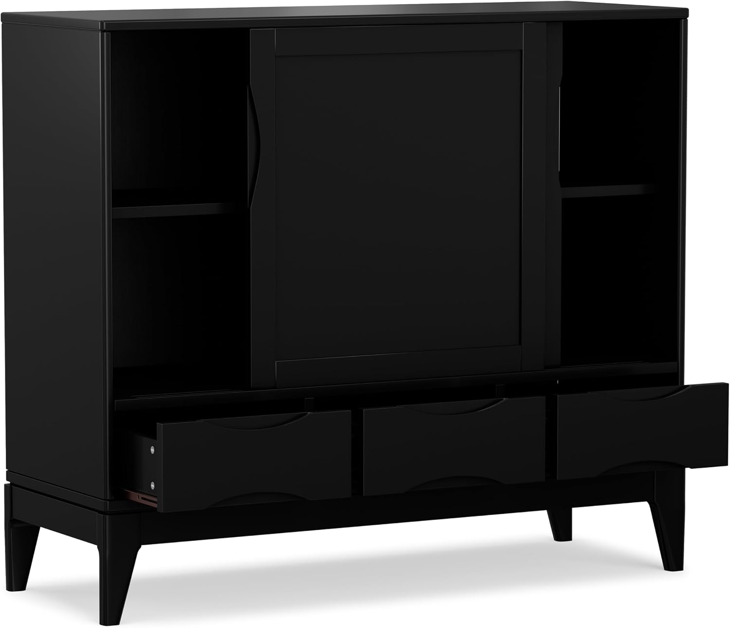 SIMPLIHOME Harper Medium Storage Cabinet - 48 inch Wide Solid Hardwood Sliding Door Cabinet in Black, Mid-Century Modern Cupboard for Living Room or Entryway with 3 Drawers and Tapered Legs