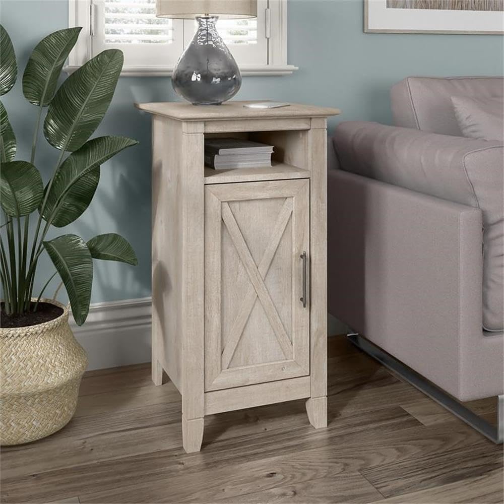 Bush Home Key West End Table with Door in Washed Gray, Compact Home Organizer, Storage Solution for Living Room or Bedroom
