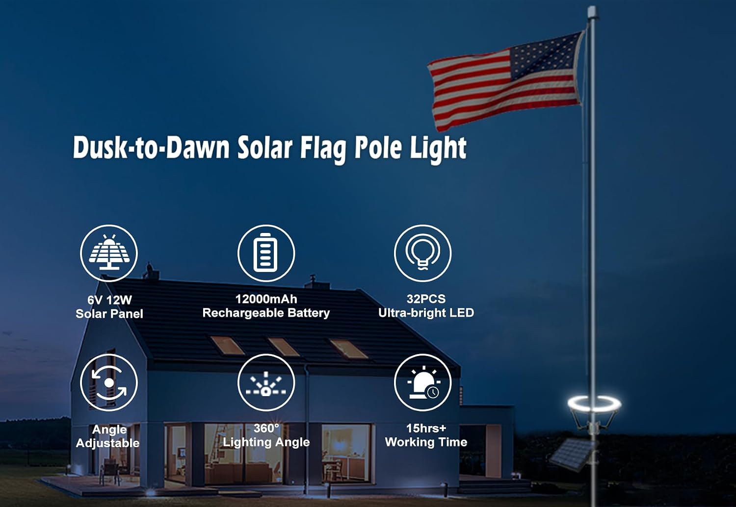 Flag Pole Light Solar Powered 4640 Lumens Brightest Solar Flagpole Light Outdoor Waterproof Dusk to Dawn 32 LED Ring Spotlights 12000mAh Batteries Adjustable Clamp fit 2-6' Dia Flagpoles