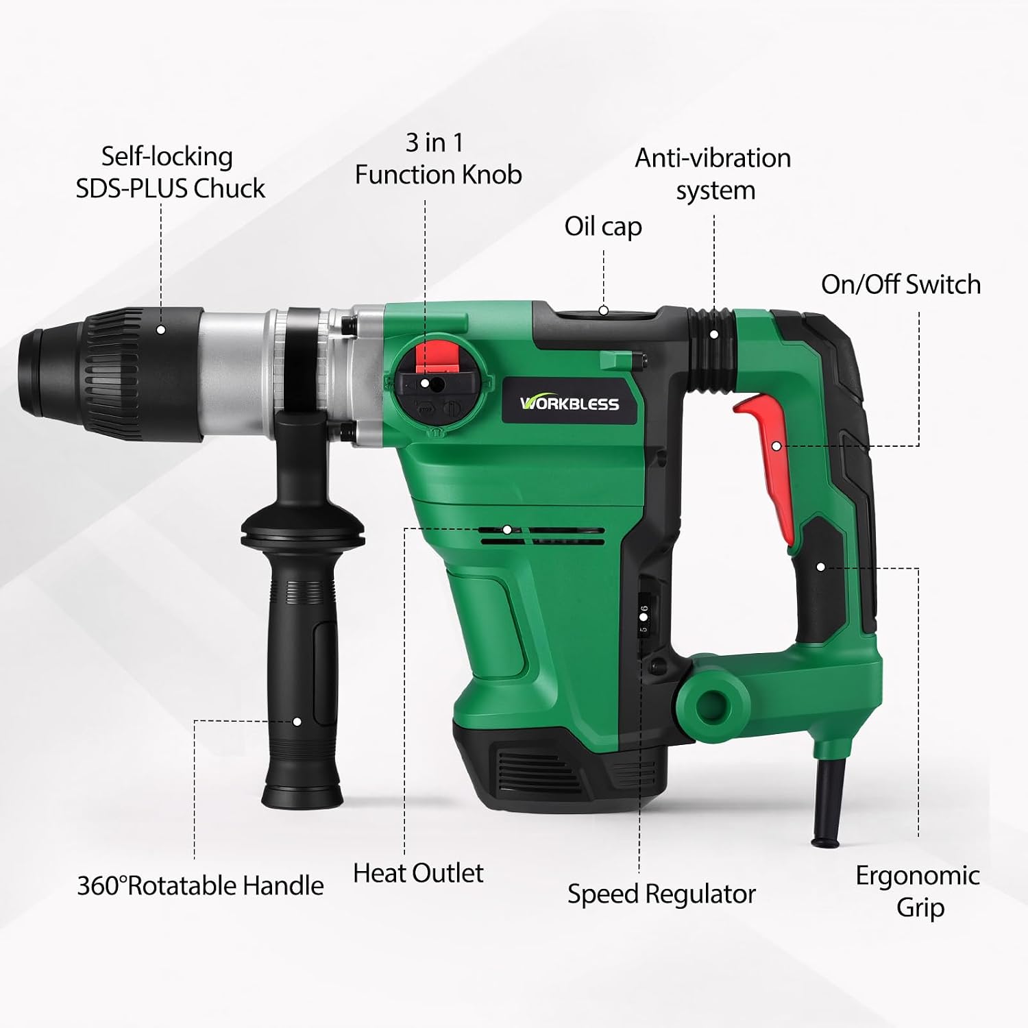 SDS Max Rotary Hammer Drill, 1-1/2 Inch 13 Amp Heavy and Duty Corded Concrete Demolition Hammer with 3 Functions, 6 Variable Speed, Safety Clutch, Vibration Control, 2 Chisels
