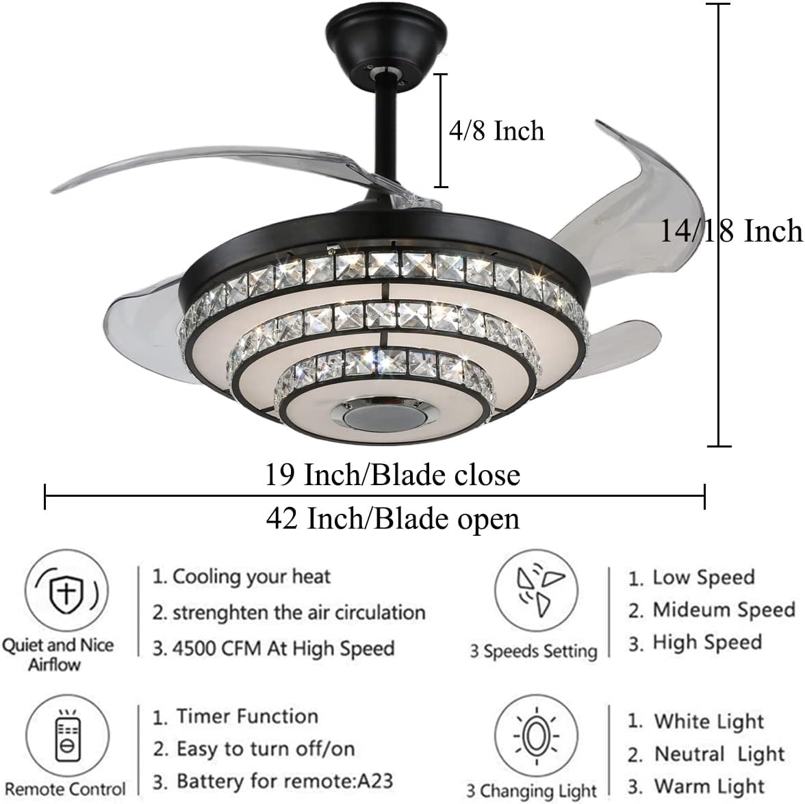 42' Retractable Fandelier Ceiling Fans with Lights Remote Control, Modern Crystal Chandelier with Bluetooth Speaker Reversible Silent Motor 7 Colorul Lighting 6 Speed for Living Room Bedroom