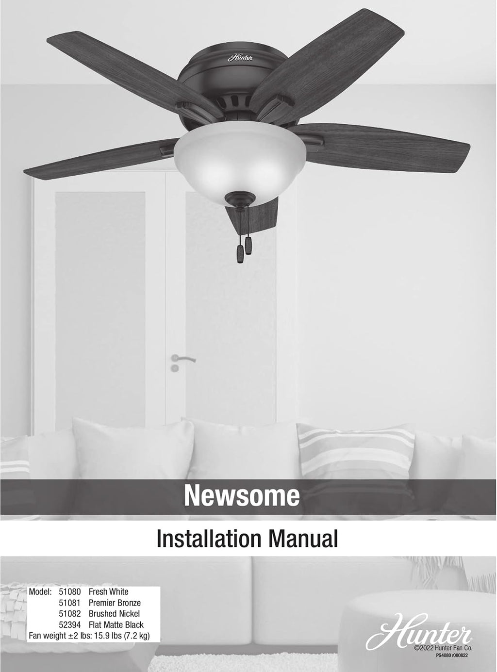 Hunter 42 inch Indoor Ceiling Fan with LED Light - Black Ceiling Fan with Pull Chain, For Bedroom or Living Room, Low Profile Flush Mount, No Remote, 5 Blades - Newsome 52394, Matte Black