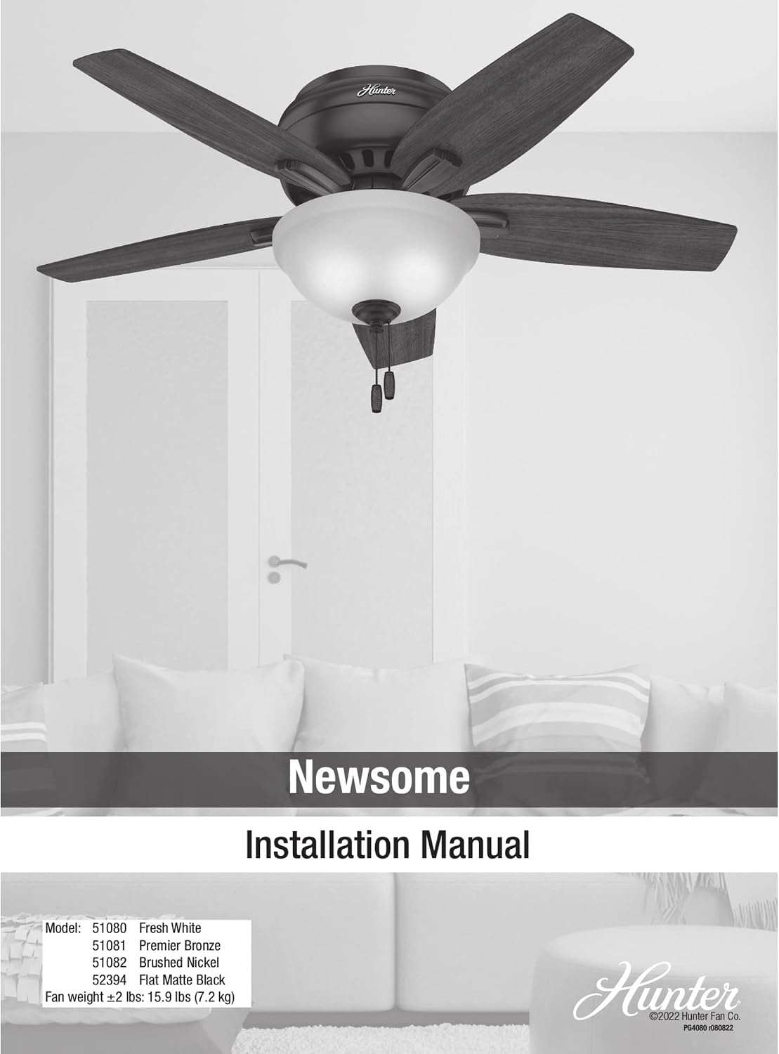 Hunter 42 inch Indoor Ceiling Fan with LED Light - Black Ceiling Fan with Pull Chain, For Bedroom or Living Room, Low Profile Flush Mount, No Remote, 5 Blades - Newsome 52394, Matte Black