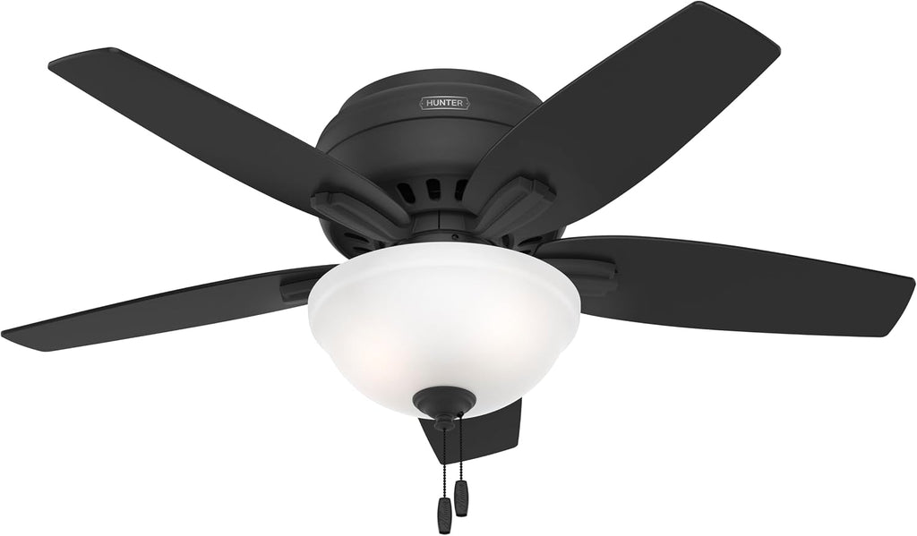 Hunter 42 inch Indoor Ceiling Fan with LED Light - Black Ceiling Fan with Pull Chain, For Bedroom or Living Room, Low Profile Flush Mount, No Remote, 5 Blades - Newsome 52394, Matte Black