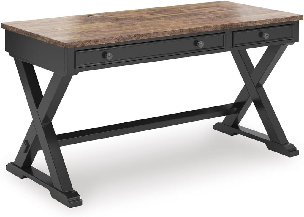 Signature Design by Ashley Wildenauer Farmhouse 1-Drawer 60' Home Office Desk with Keyboard Tray, Cord Management and Trestle Base, Dark Brown & Black