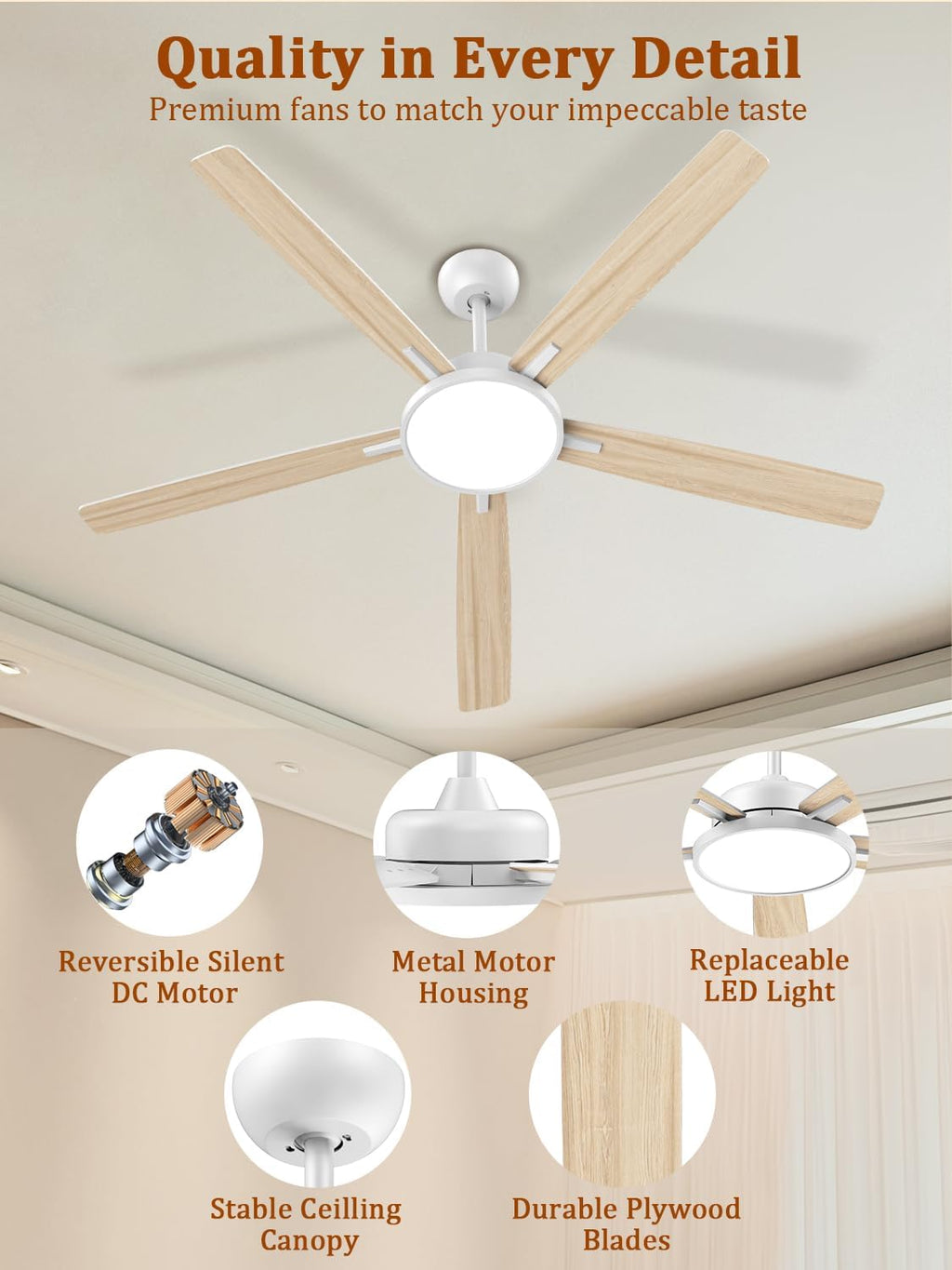 TALOYA Large Ceiling Fans with Lights and Remote, Reversible Quiet DC Motor, 6 Speeds, 3CCT, Dimmable, 62 inch White Modern Ceiling Fan for Patios, Living room, Bedroom, Farmhouse, Indoor, Outdoor