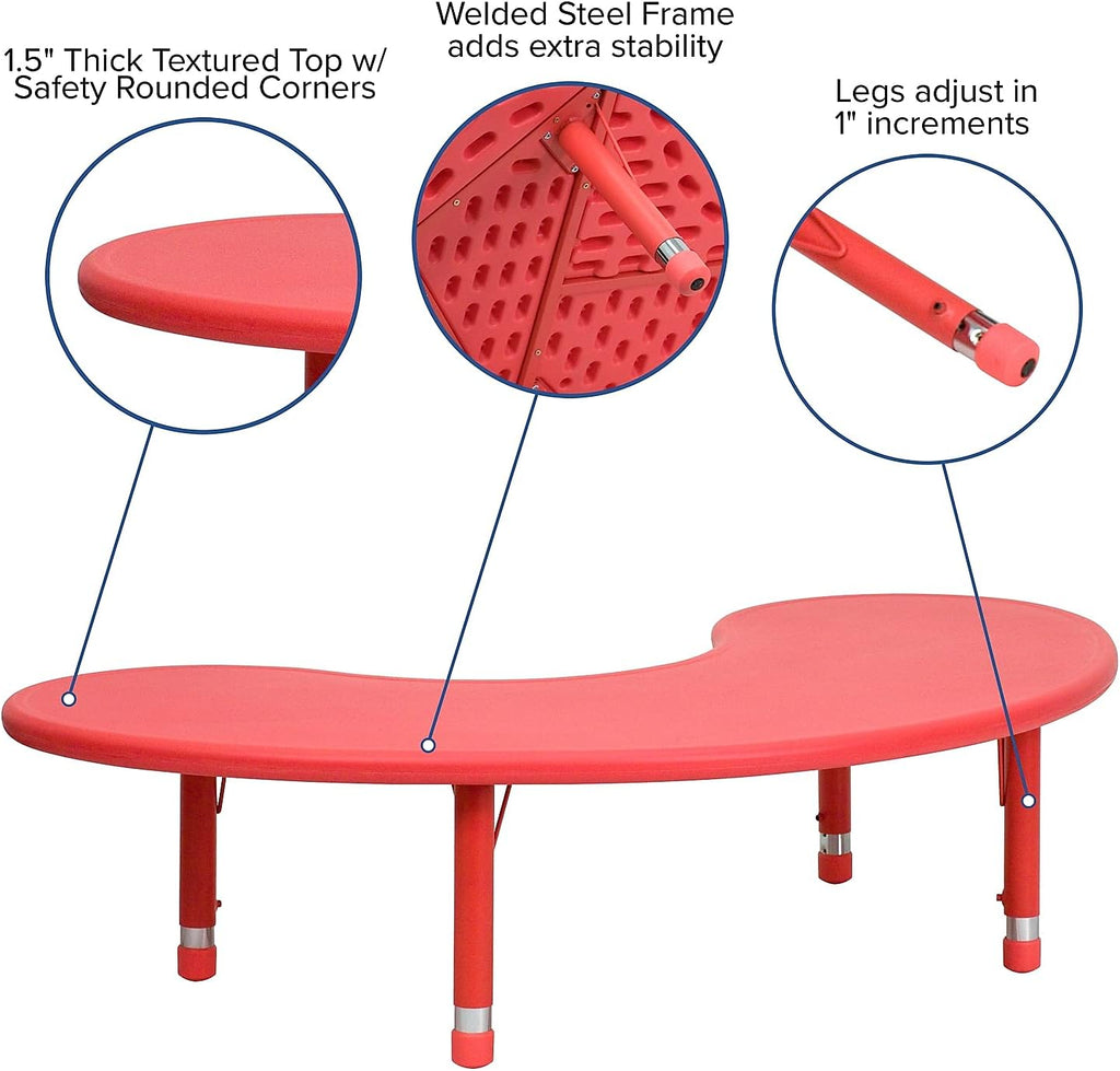 Flash Furniture 35''W x 65''L Half-Moon Red Plastic Height Adjustable Activity Table
