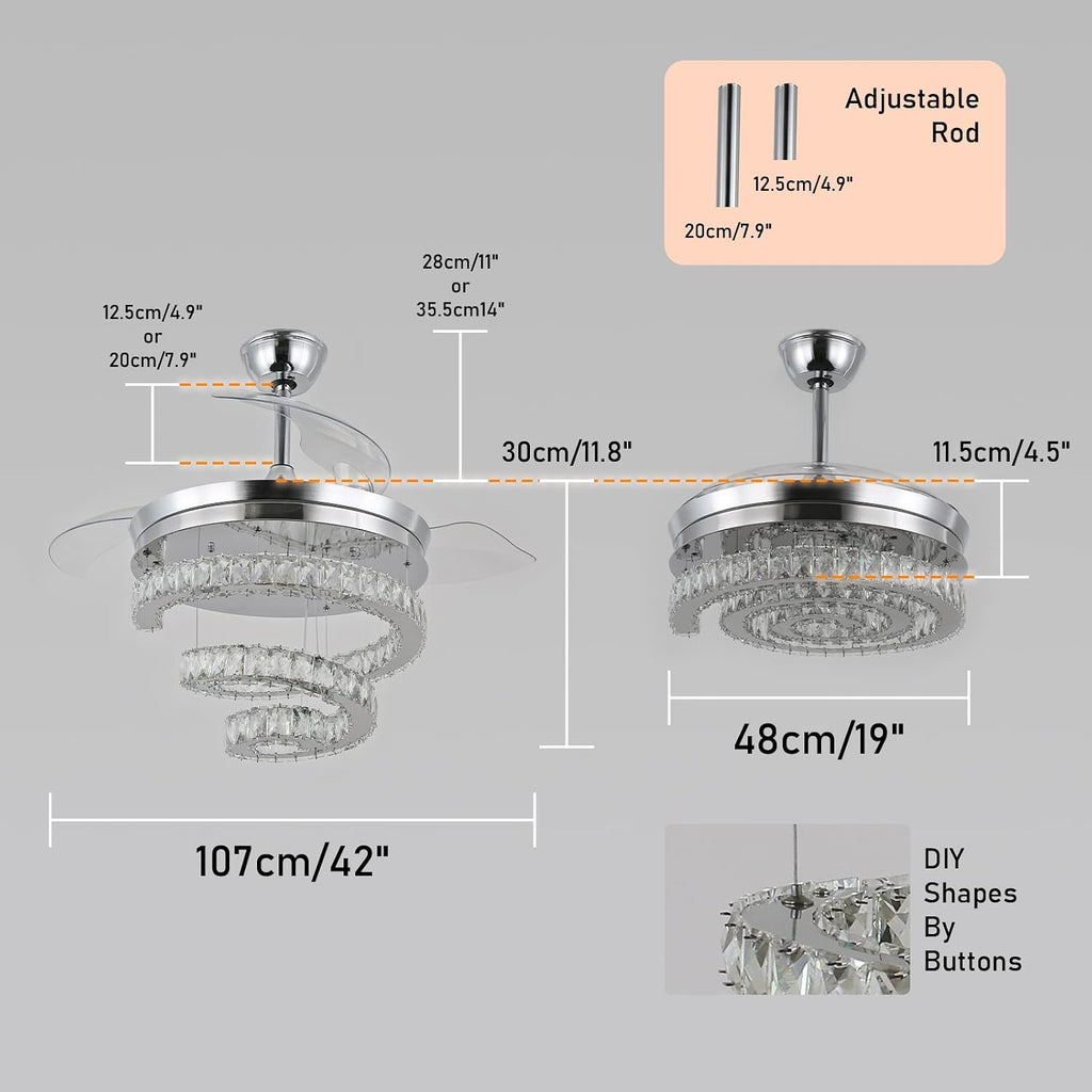 FRIXCHUR 42' Crystal Chandelier Ceiling Fans with Lights and Remote Dimmable Fandelier Retractable Crystal Ceiling Fans 3 Rings Invisible Blades Crystal Ceiling Fans for Bedroom Living Room 30W*2