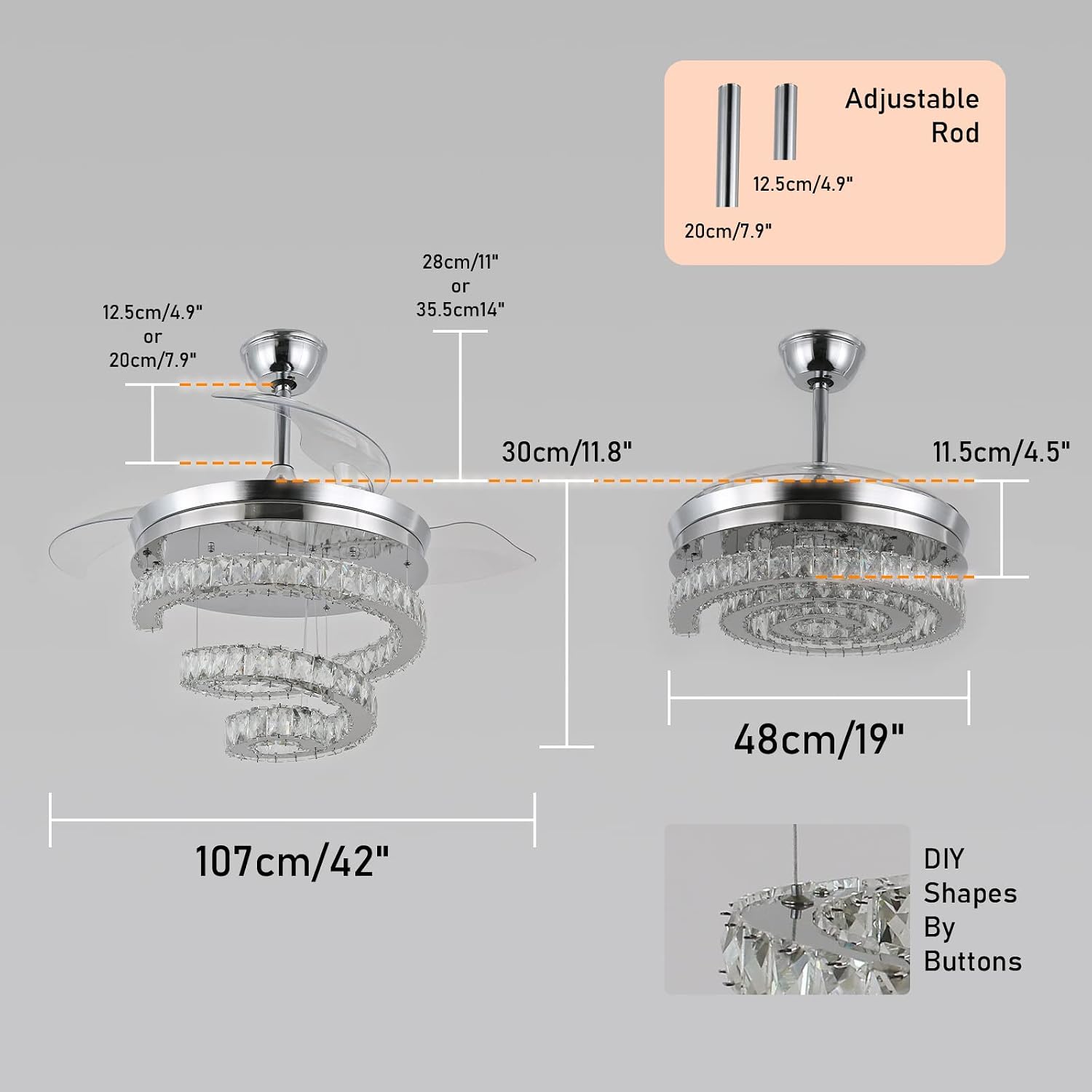 FRIXCHUR 42' Crystal Chandelier Ceiling Fans with Lights and Remote Dimmable Fandelier Retractable Crystal Ceiling Fans 3 Rings Invisible Blades Crystal Ceiling Fans for Bedroom Living Room 30W*2
