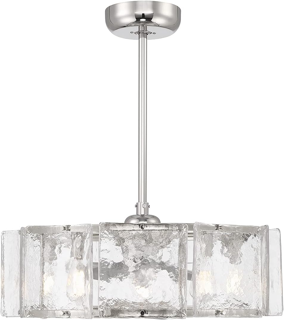 Savoy House 27-FD-8201-109 Genry Fandelier Coastal Clear Water Piastra Glass Drum Chandelier Ceiling Fan with Light and Remote, 5-Light 40 Total Watts, 17' H x 27' W, Polished Nickel