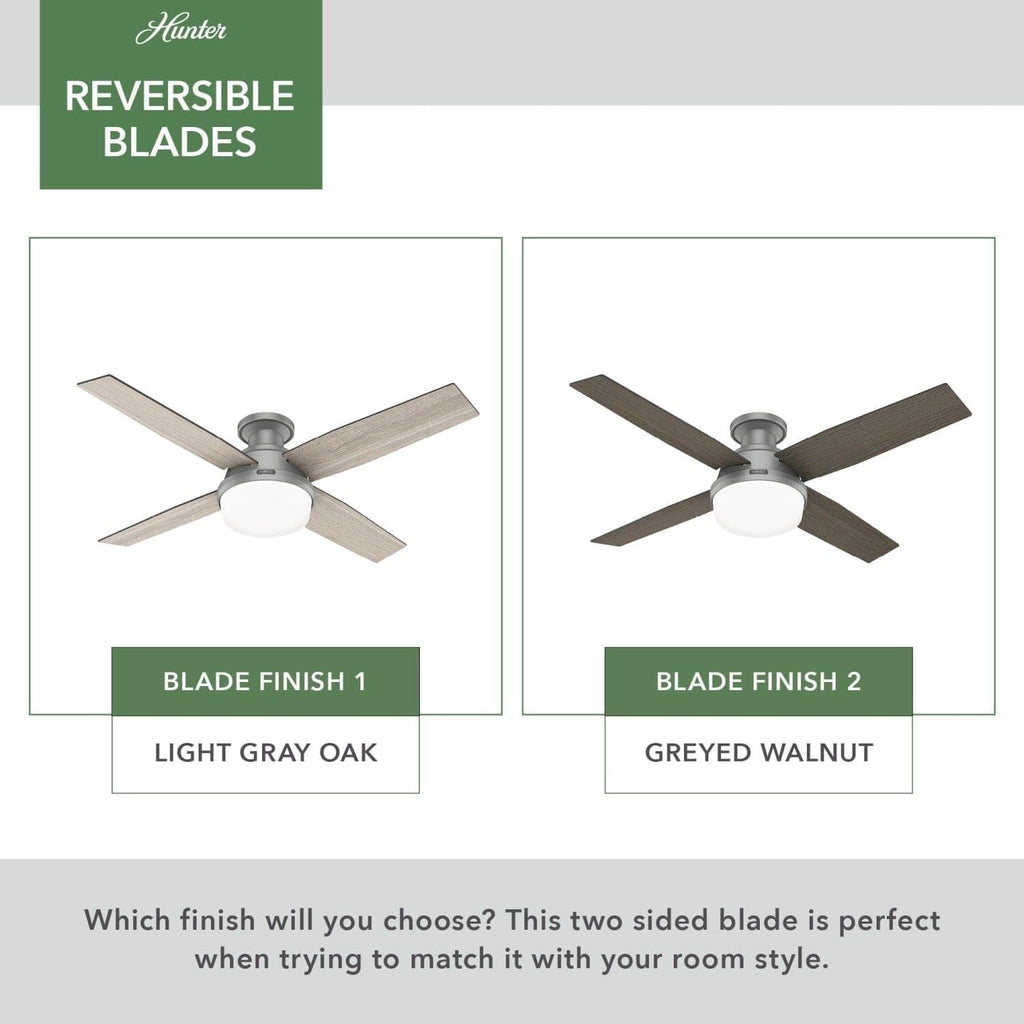 Hunter Fan 52 inch Low Profile Matte Silver Indoor Ceiling Fan with LED Light and Remote Control, Holiday Gift for Bedroom, Living Room, Dining Room, Kitchen, Office (Renewed)