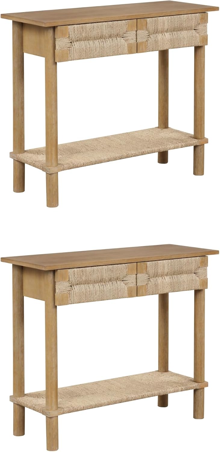 Nathan James Beacon Wooden Sofa Console Table with Drawers, Bohemian Entryway Accent, Hallway Furniture with Seagrass Shelf, Light Brown, Set of 2