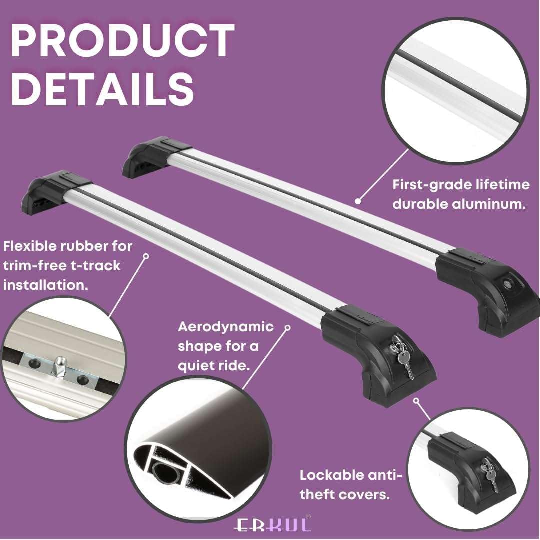 ERKUL Heavy Duty 220lbs Roof Rack Cross Bars for Audi Q5 2018-2026 | Solid Metal Mounts | Aluminum Crossbars with Anti Theft Lock for Rooftop - Compatible with Flush Rails - Silver
